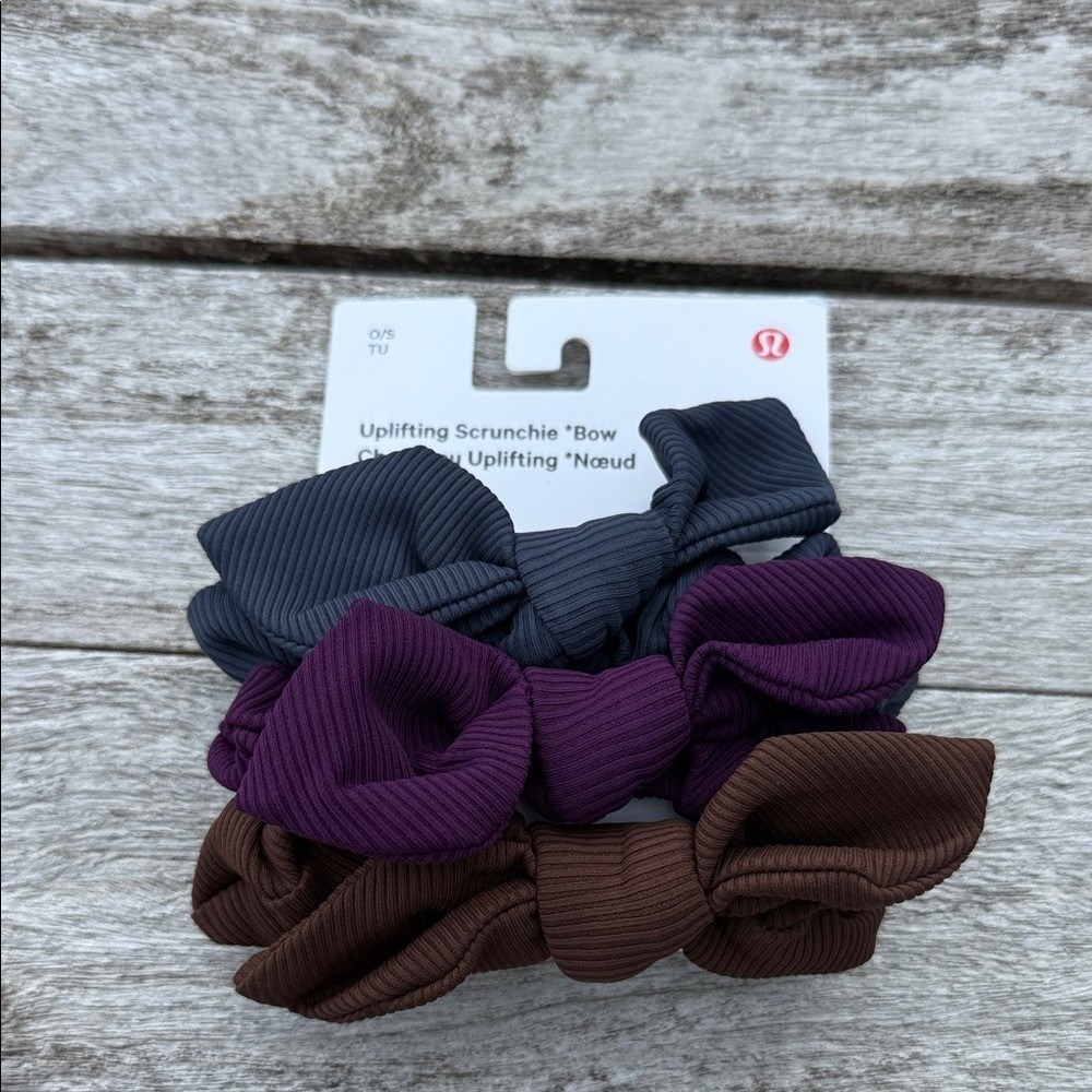 Lululemon Uplifting Bow Scrunchie 3 Pack Shale Blue Java Dramatic Magenta NWT